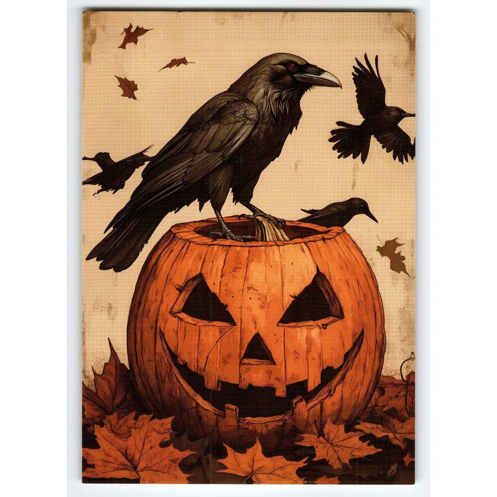 Vintage Halloween Postcard Jack O'Lantern with Raven & Flying Crows
